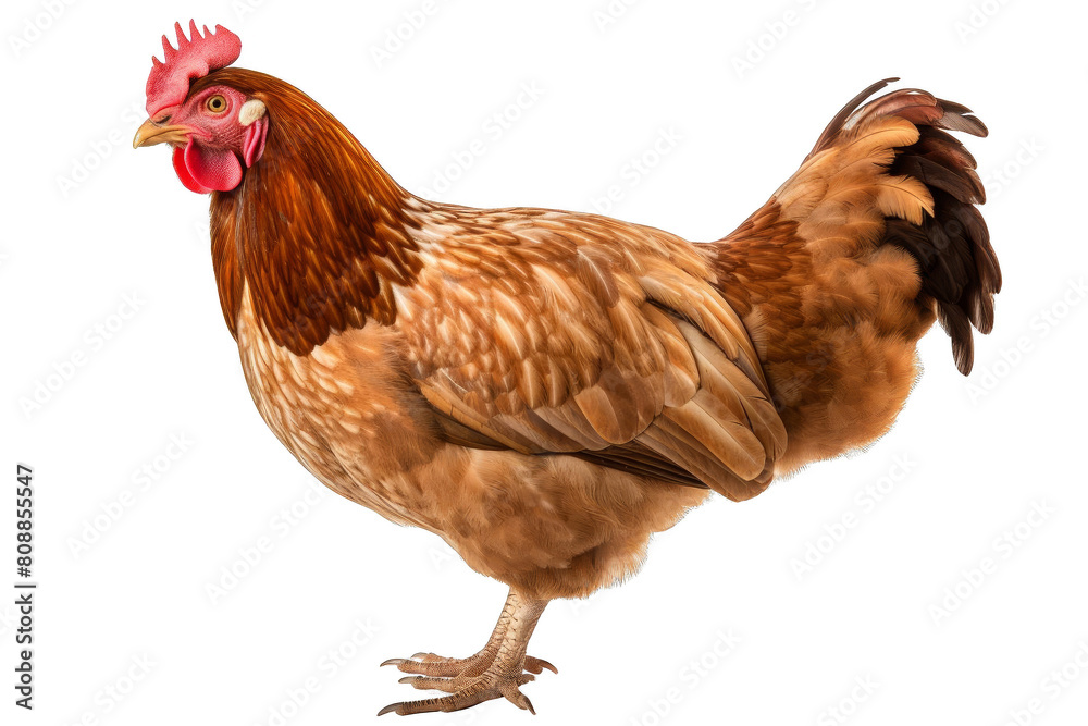 This is a photo of a chicken. It has brown feathers, a red comb, and yellow beak. It is standing on two legs and looking at the camera.