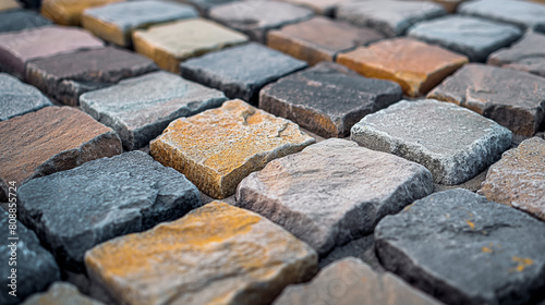 Textured cobblestone pavement showing varying colors and shapes of stones  conveying a sense of durability and craftsmanship.