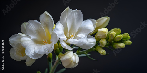 The branch of white freesia with flowers and buds on a dark surface Flowers on table Blossom of freesia  © Mian