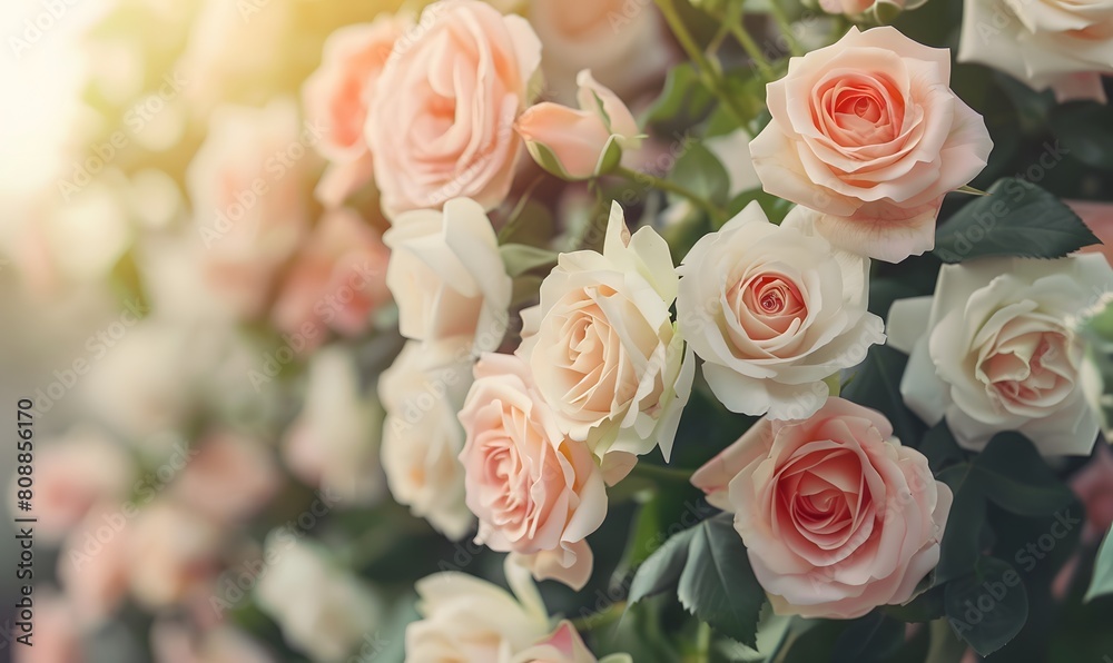 pink and cream roses in a wedding arch, bokeh background with soft sunlight, Generative AI