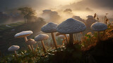 A close-up of agaricus mushrooms with a background of terraced rice fields in the early morning mist.