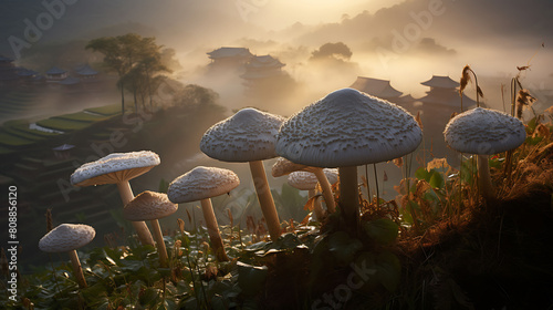 A close-up of agaricus mushrooms with a background of terraced rice fields in the early morning mist.
