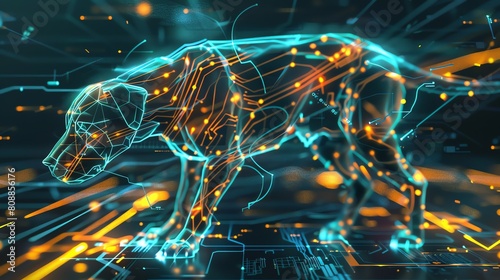 Design a digital artwork featuring a cybernetic dog with glowing circuit patterns running along its sleek metallic frame