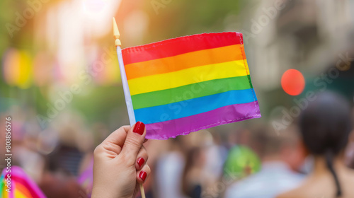 Hand holding colorful rainbow lesbian gay pride month flag symbol of lgbt people. Diversity genders homosexual love romance tolerance celebration party concept human rights law community equality Stoc