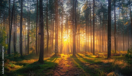 Sunlight filtering through forest trees  creating a natural landscape