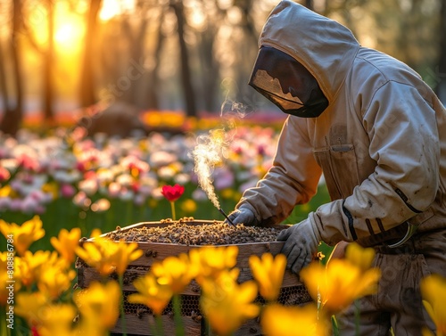 A beekeeper is working in a field of yellow flowers. The sun is shining brightly  and the flowers are in full bloom. The beekeeper is wearing a white suit and a mask to protect himself from bee stings