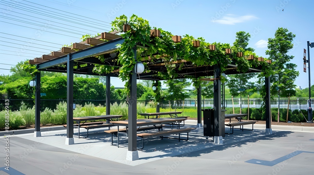 Sunny Day Food Haven: Semi-Permanent Structure with Pergola Roof in Parking Lot