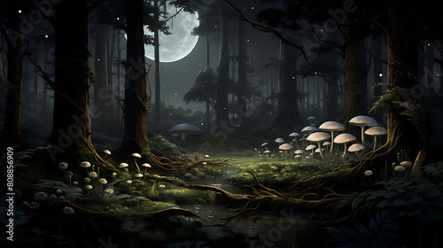 A dense forest scene illuminated by a full moon, with shadows and agaricus mushrooms in the foreground. photo