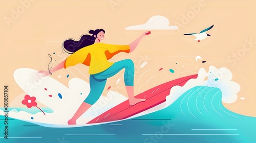 Vibrant Artwork of a Woman Surfing with Seagulls Soaring Over the Ocean