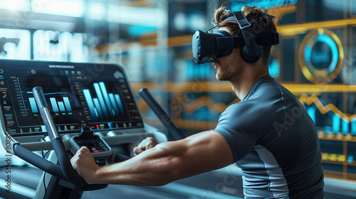 Man Exercising Wearing Virtual Reality Headset. Futuristic Home Gym photo