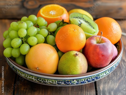 A bowl of fruit with apples  oranges  and kiwis. The bowl is on a wooden table