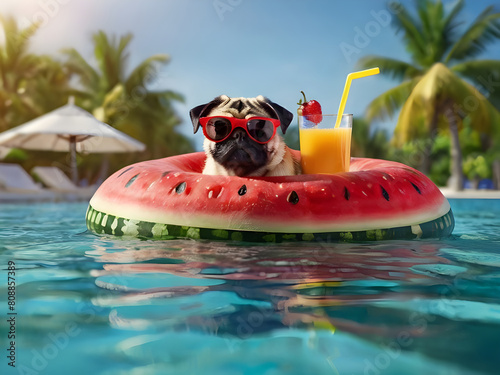 The pug dog with a glass of fresh fruit juice is floating on an inflatable watermelon ring in pool.