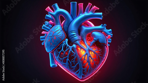 A close up of a neon glowing light heart anatomy model with explaining human circulatory system on a red and blue glowing background