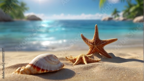Starfish on the beach background. Beach summer theme background. © Ayeen Studios