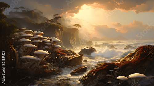 A dramatic scene of agaricus mushrooms on a rugged coastline with waves crashing against the cliffs at sunset. photo