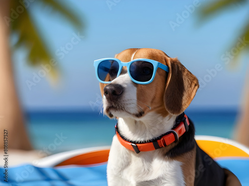 Cute beagle dog on beach wearing sunglasses. The concept of a summer holiday in sea.  © Natasa