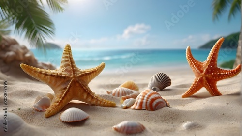 Starfish on the beach background. Beach summer theme background. 