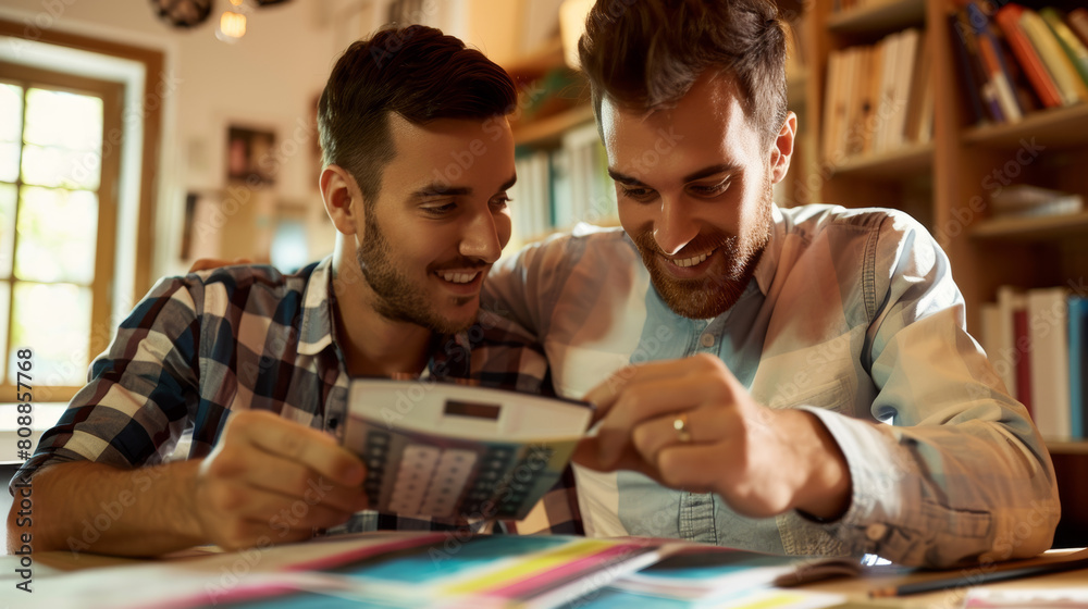 Happy Gay Couple Doing Taxes And Income Planning With Calculator Stock Photo photography