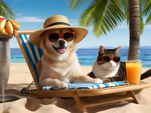 The cat  and dog in sunglasses and straw hat under the palm tree drink fresh juice on a beach chairs on the sea shore.