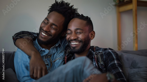 Happy Gay Couple At Home. African American Man Dating Stock Photo photography
