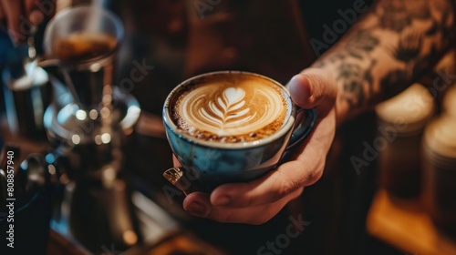 Close up of male hands holding cup of cappuccino photo