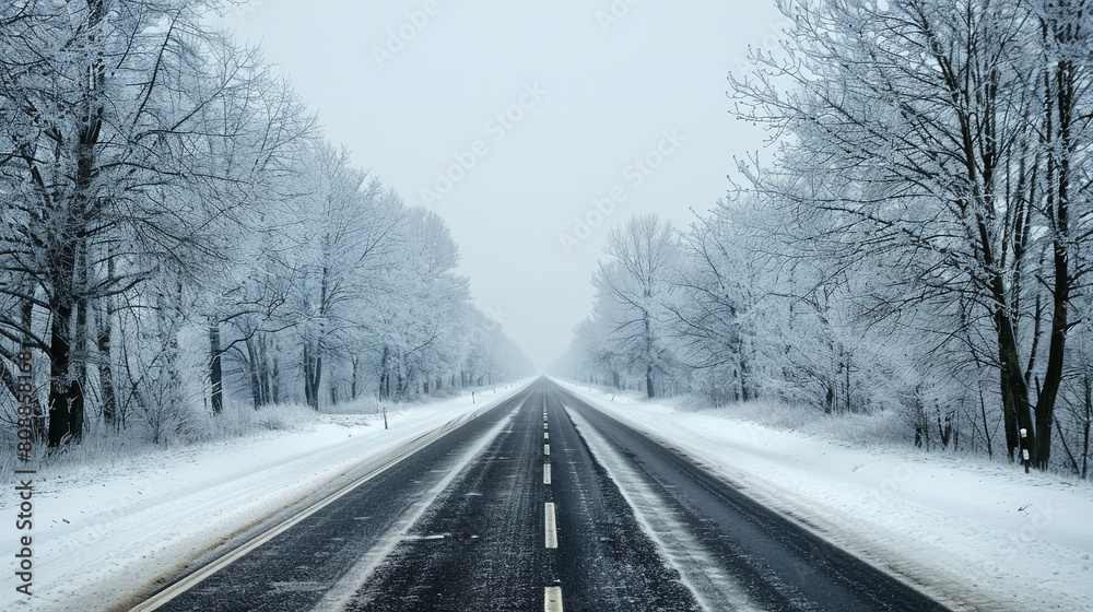 Frosty Snow-Covered Highway with Bare Trees - Serene Winter Scene Frosty Snow-Covered Highway with Bare Trees - Serene Winter Scene