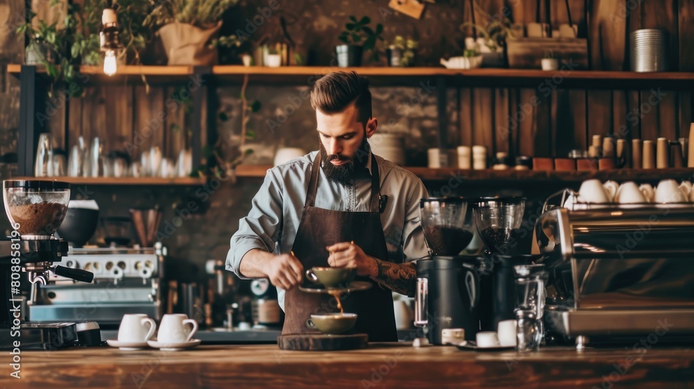 Handsome barista is making coffee in cafe. Barista is preparing coffee Handsome barista is making coffee in cafe. Barista is preparing coffee