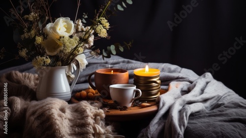 Still life with a cup of coffee, candles and flowers on a wooden table.