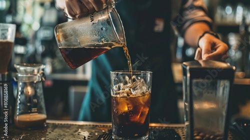 Barista pouring ice coffee into a glass with ice cubes, stock photo.