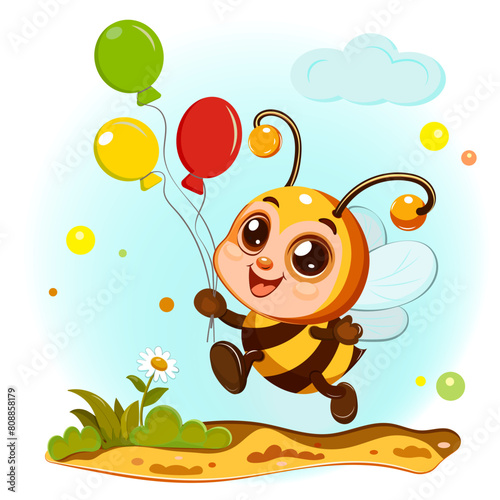 A jolly bee carrying a pot of honey in her paws