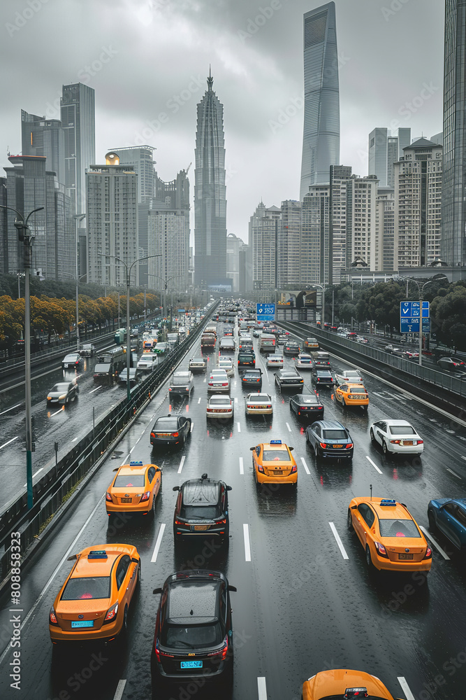 Urban Highway Rush Hour Traffic with City Skyline Background Urban Highway Rush Hour Traffic with City Skyline Background