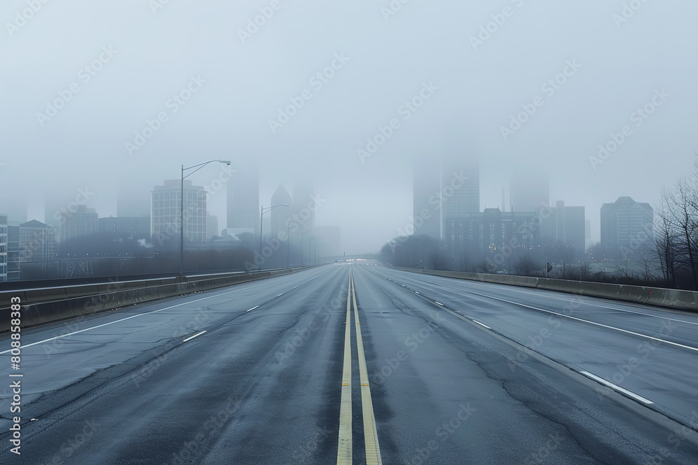 Early Morning Fog Over Empty Highway with Distant City Skyline Early Morning Fog Over Empty Highway with Distant City Skyline