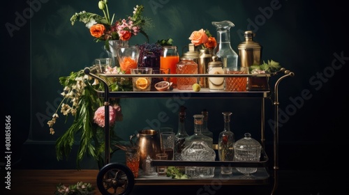 Vintage bar counter with various alcohol drinks and flowers on dark background.
