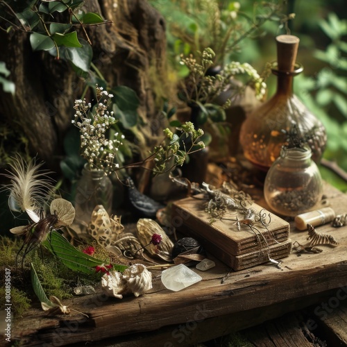 Still life with dried flowers, herbs and bottles on wooden background