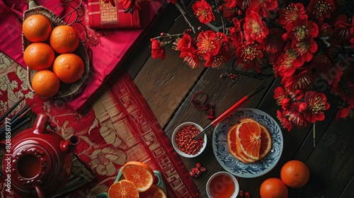 Cup of tea, teapot, red lanterns and oranges on wooden table.