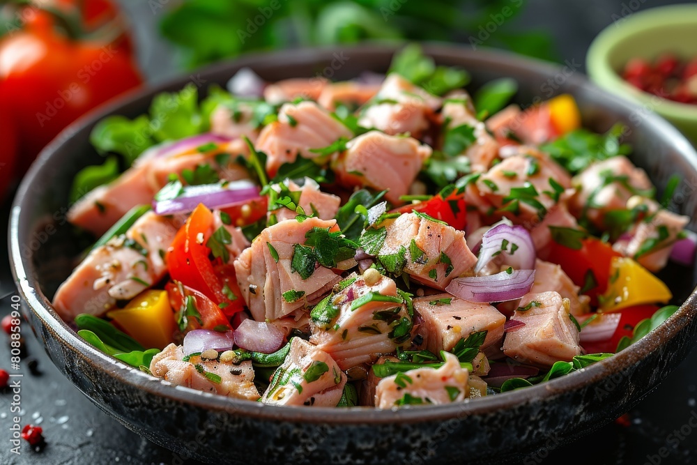 A vibrant plate of salmon salad garnished with fresh herbs, colorful peppers, and sprinkled with seasonings A vibrant plate of salmon salad garnished with fresh herbs, colorful peppers, and sprinkled with seasonings