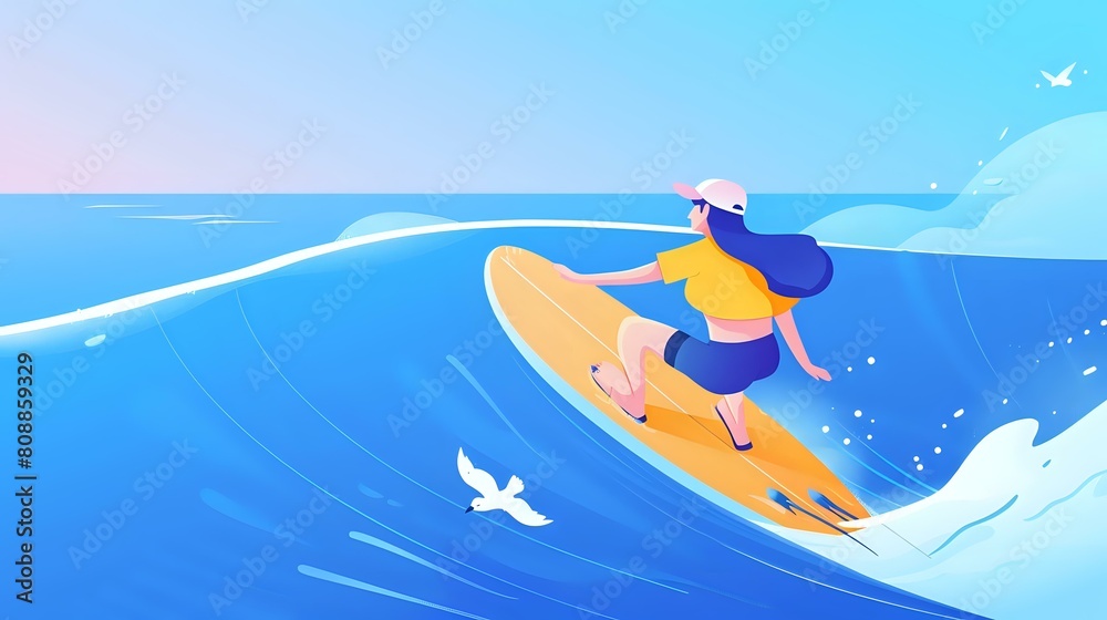 Confident Female Surfer Riding a Wave in a Vibrant Ocean Illustration