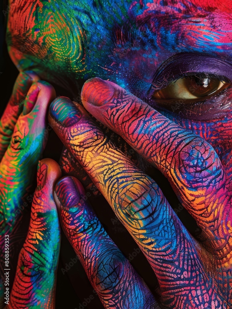 A colorful painting of a person's face with their hands covering their eyes