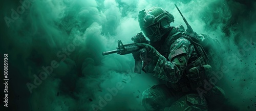 A special forces soldier in camouflage kneels with an assault rifle on a green and black background in a dark cinematic style with smoke effects