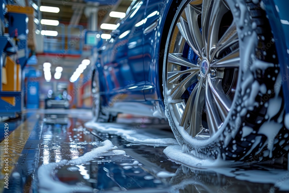 An immaculate depiction of a luxury car's shiny wheel getting meticulously cleaned at a modern car wash facility An immaculate depiction of a luxury car's shiny wheel getting meticulously cleaned at a modern car wash facility