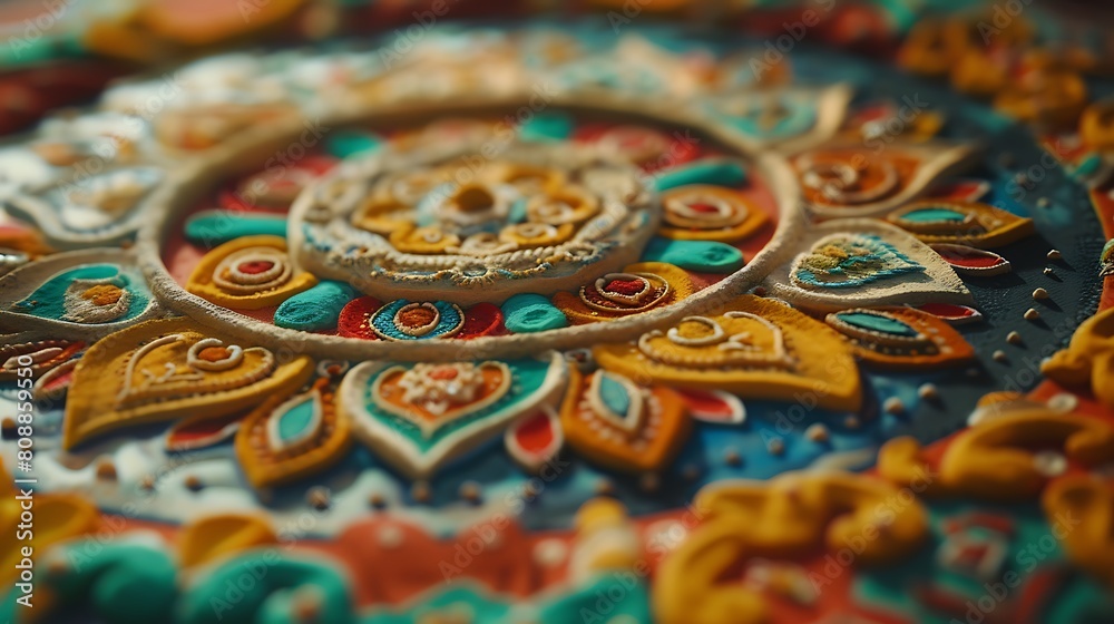 A close-up of a sand mandala featuring an array of fine details and a spectrum of colors, showcasing the precision and patience required in its creation