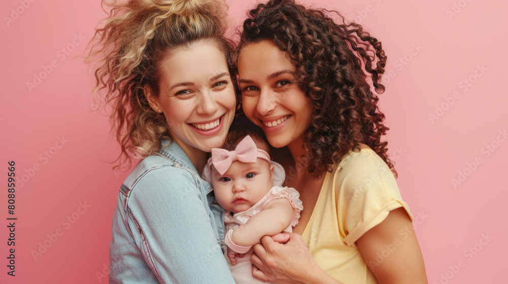 Φωτογραφία Happy lesbian couple with their little baby on pink background Stock Photo photo