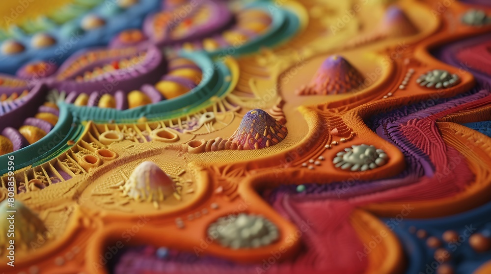 A close-up of a sand mandala featuring an array of fine details and a spectrum of colors, showcasing the precision and patience required in its creation
