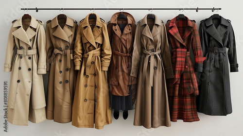 Lineup of classic trench coats and sophisticated midi dresses, embodying timeless style photo