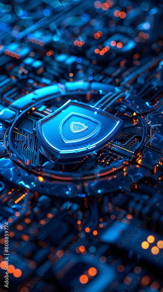 a futuristic blue cyber security scene featuring a prominent shield symbol at the center of a sleek digital interface a futuristic blue cyber security scene featuring a prominent shield symbol at the center of a sleek digital interface
