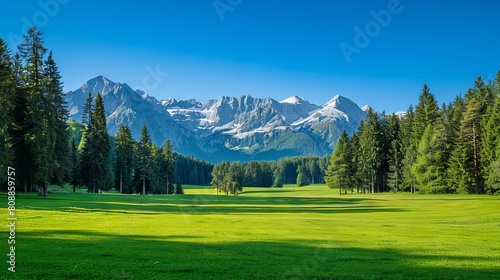 In a picturesque landscape, a green meadow stretches out with pine trees in the foreground, leading the eye towards majestic mountain peaks in the distance. 