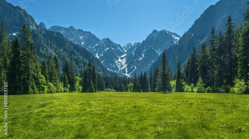 In a picturesque landscape, a green meadow stretches out with pine trees in the foreground, leading the eye towards majestic mountain peaks in the distance. 