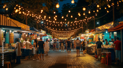 Crowd on night food market, urban outdoor street life photo
