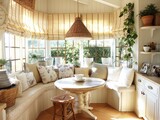 A cozy kitchen with a white table and chairs, a potted plant, and a window. The room has a warm and inviting atmosphere