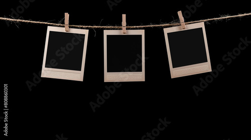 Three black and white photos hanging on a string photo